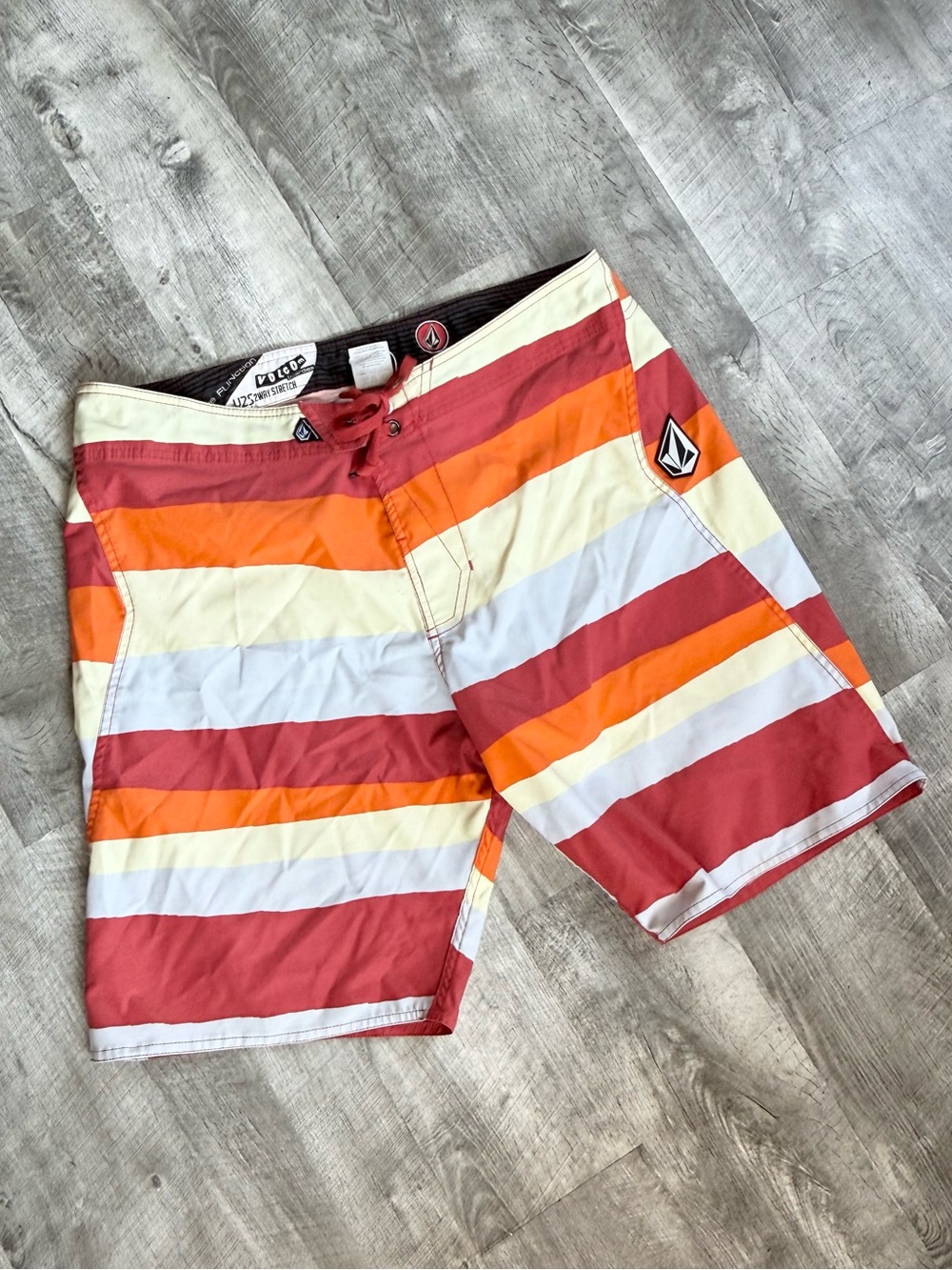 Volcom Men’s Red Orange Cream Striped Boardshorts